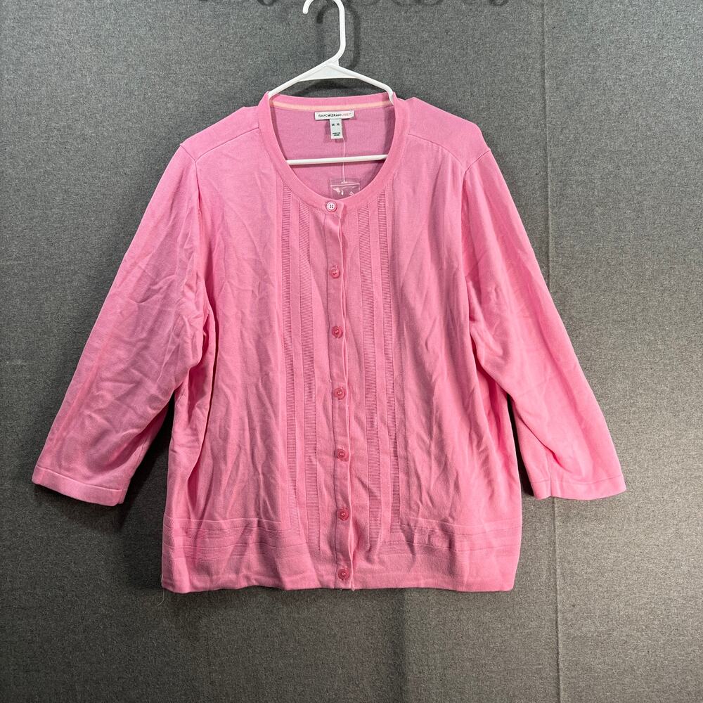 Isaac Mizrahi Live! Button Front Border Stitch Cardigen Classic Pink, X-Large